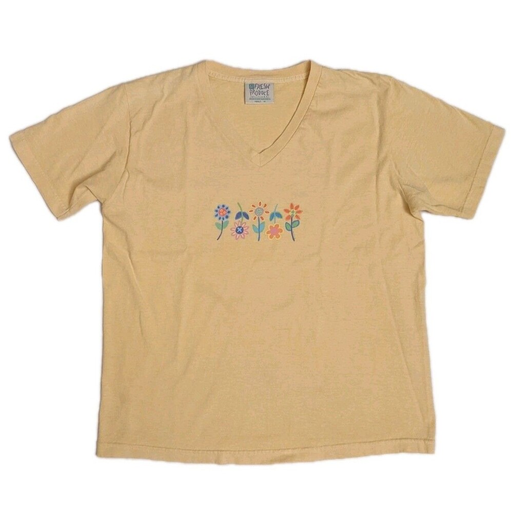 Vtg Fresh Produce Flowers V-Neck Casual T-Shirt Wmn Sz M 90s Lagenlook Americana